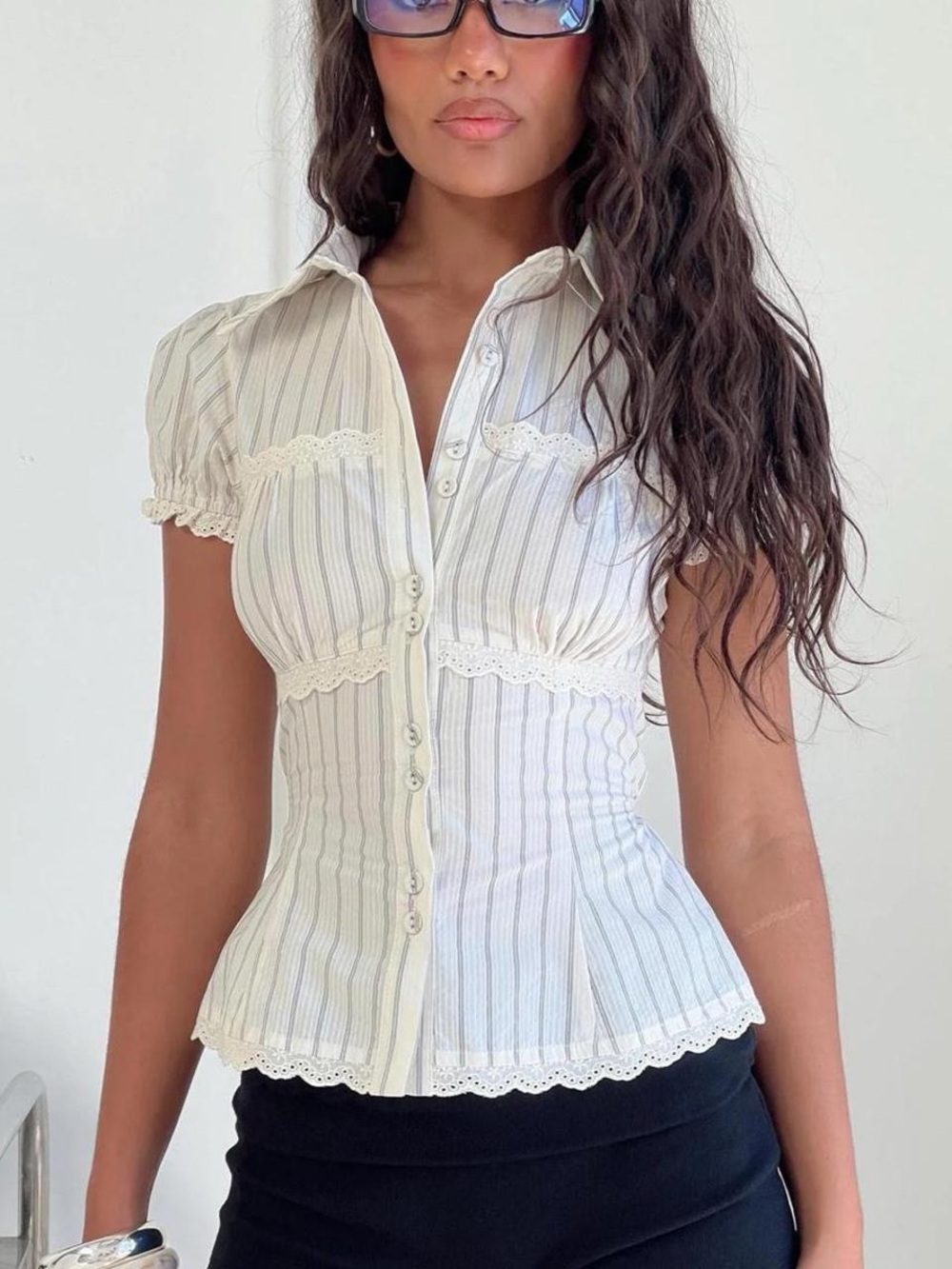 Princess Polly Cream Lace-Trim Button Front Blouse Petite S